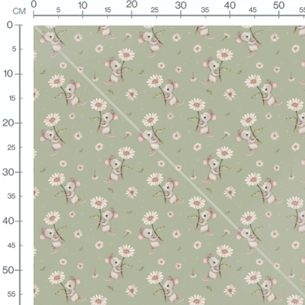 Tissu - Souris grises sur fond vert 2