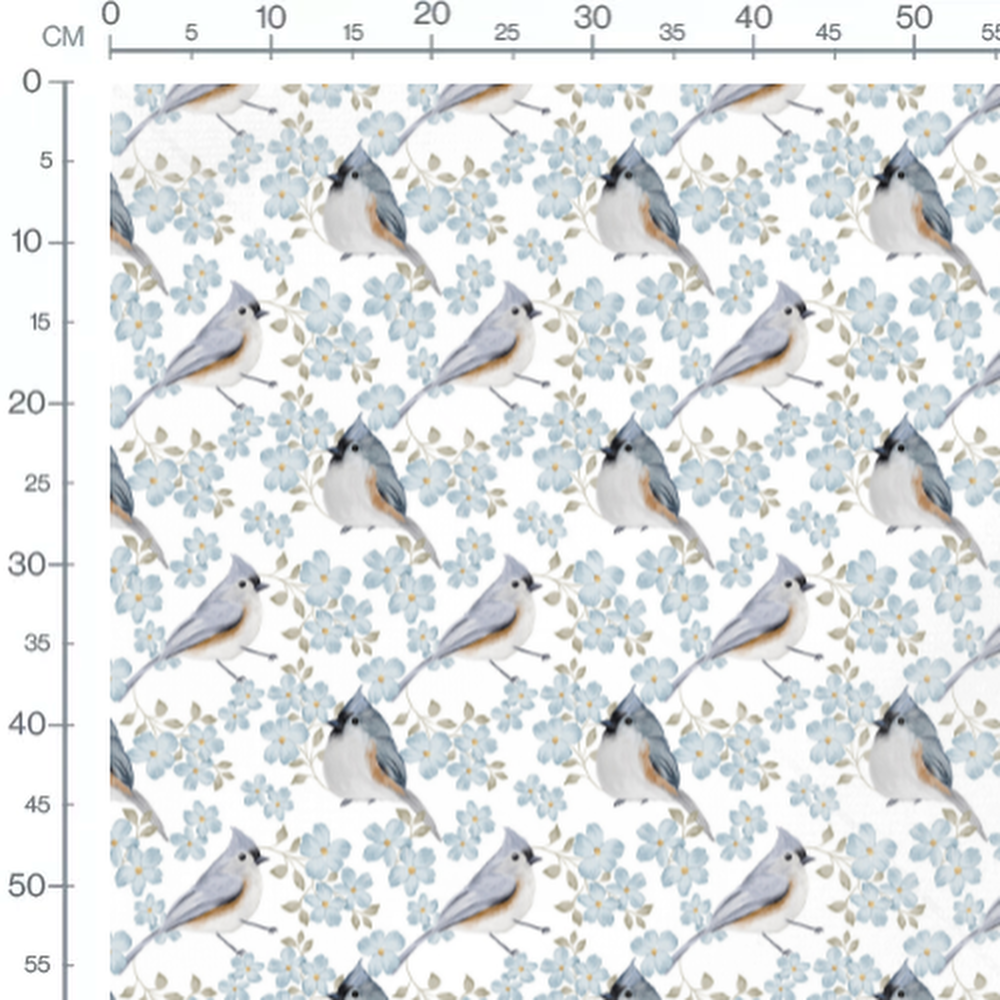 Tissu - Oiseaux bleus et fleurs