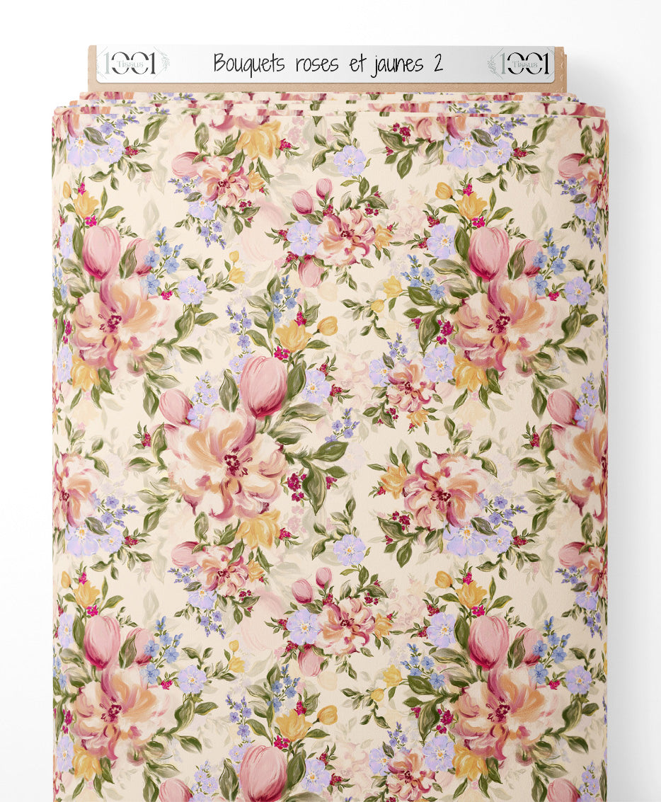 Tissu - Bouquets roses et jaunes 2