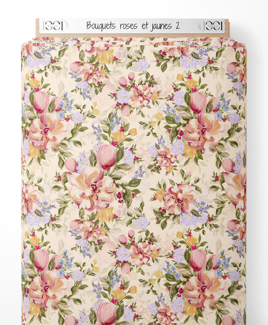 Tissu - Bouquets roses et jaunes 2
