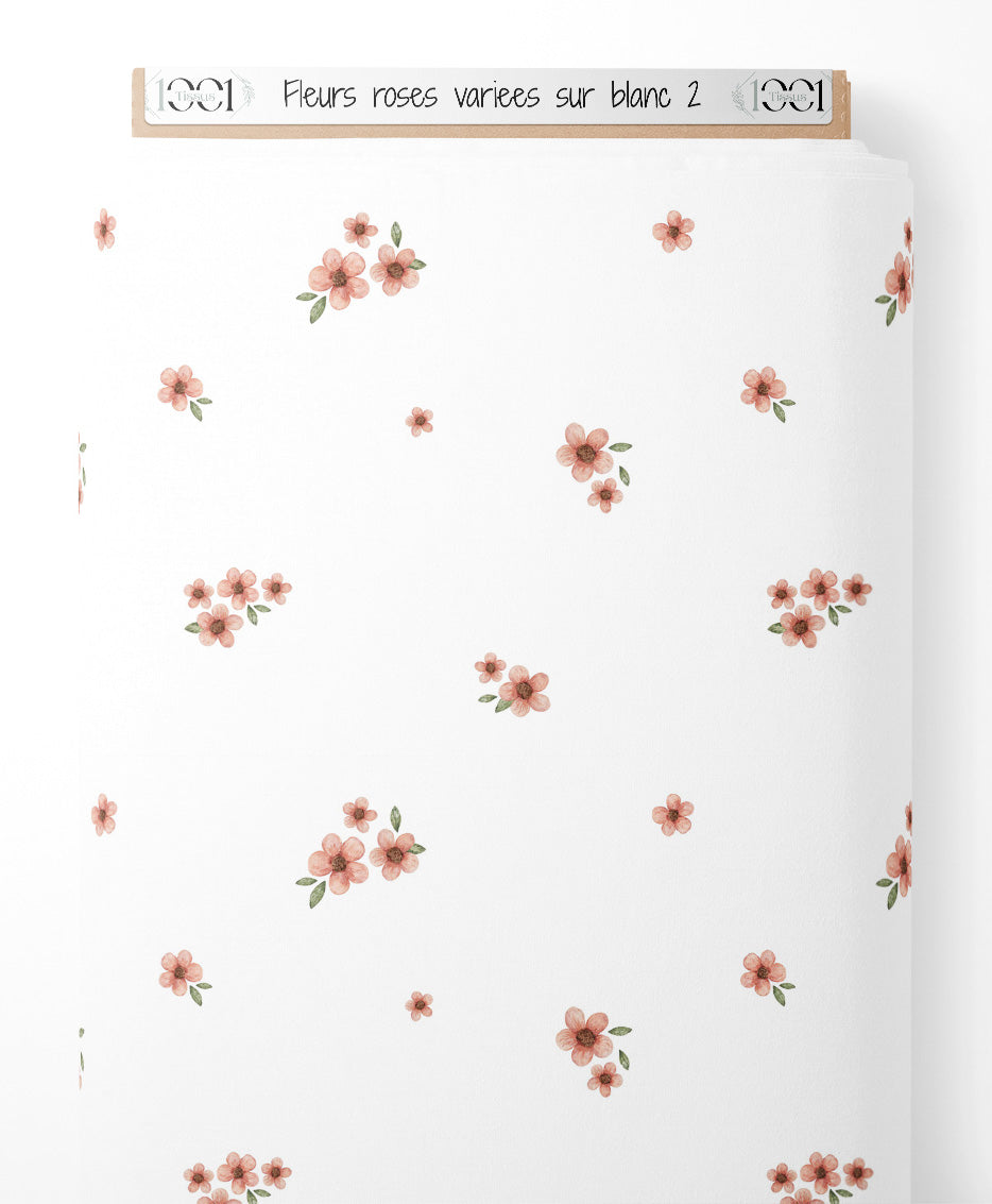 Tissu - Fleurs roses variées sur blanc 2
