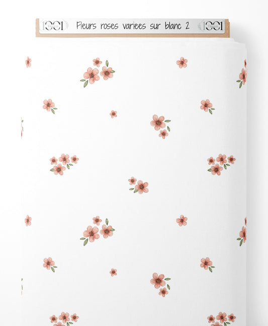 Tissu - Fleurs roses variées sur blanc 2