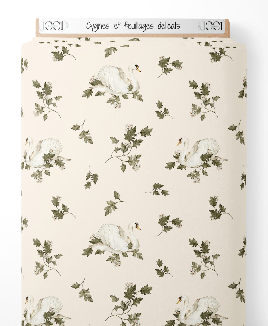 Tissu - Cygnes et feuillages délicats