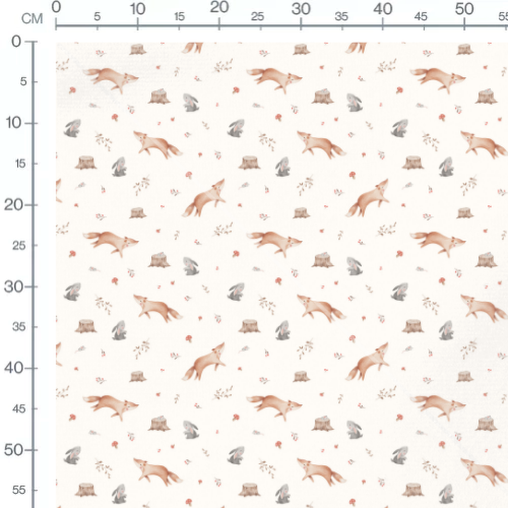 Tissu - Renards et lapins sur blanc