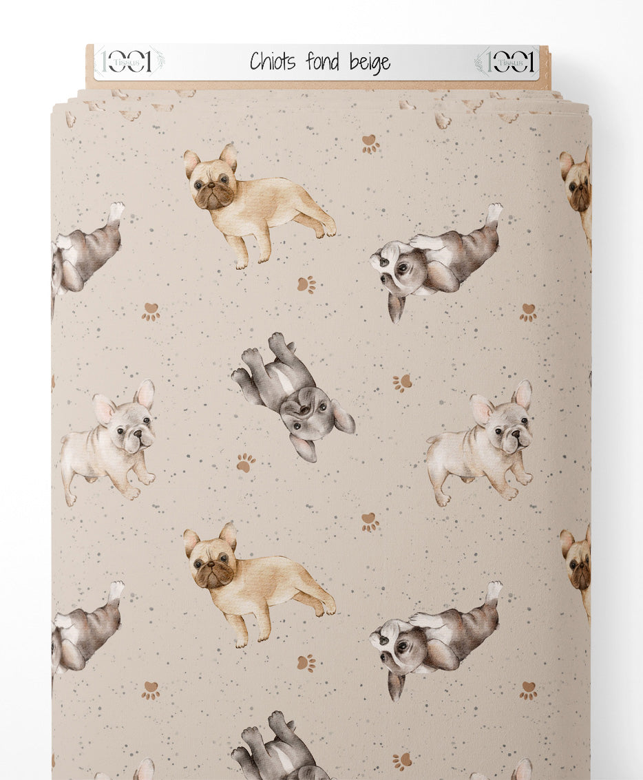 Tissu - Chiots sur fond beige