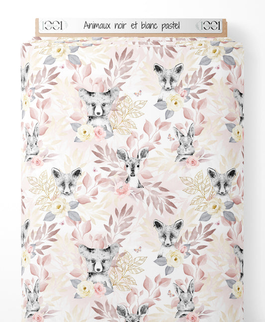 Tissu - Animaux noir et blanc pastel