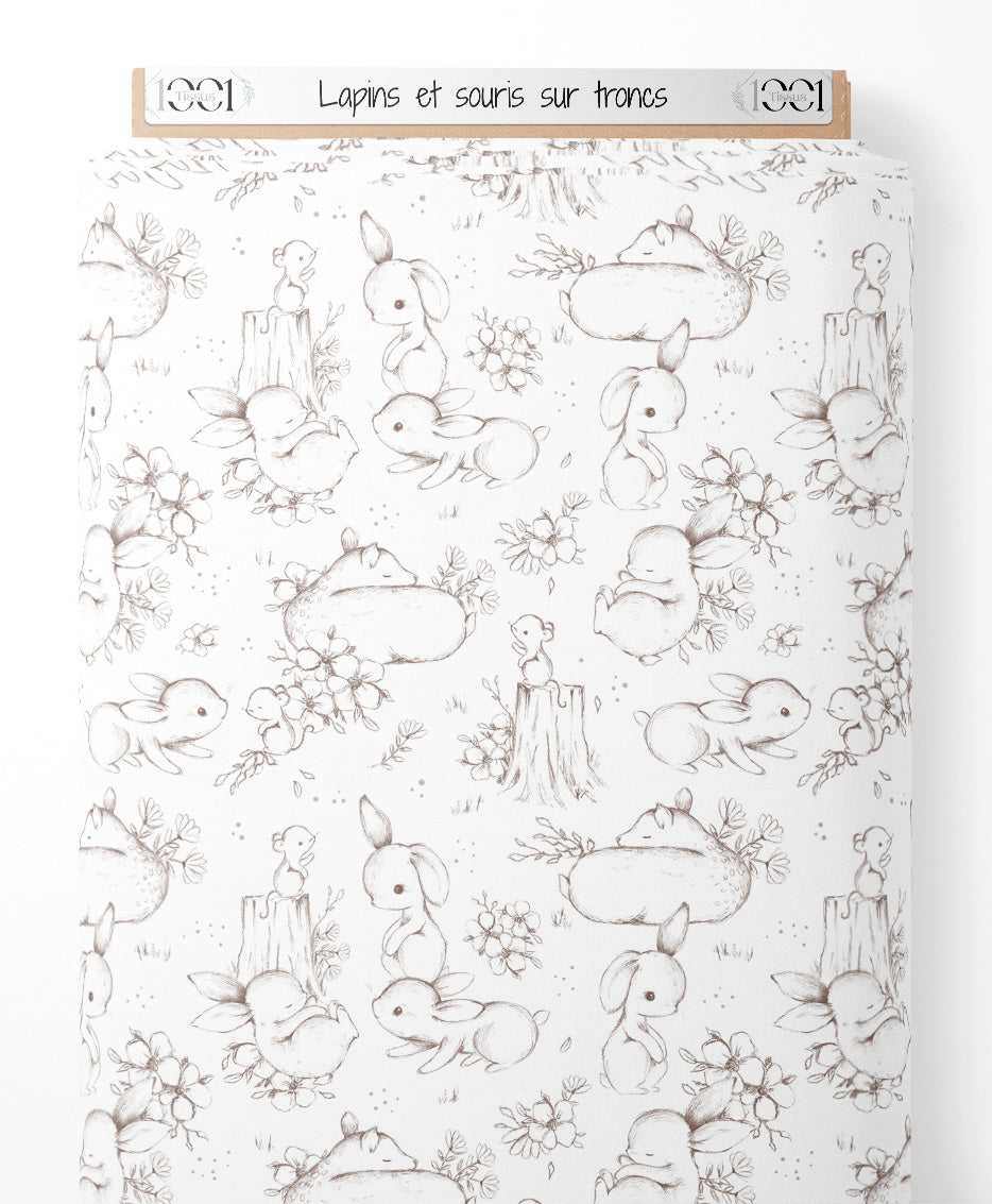 Tissu - Lapins et souris sur troncs
