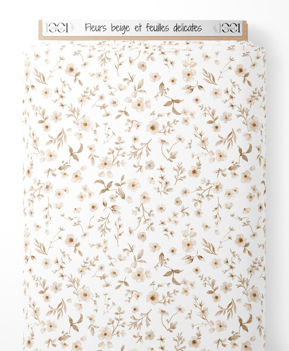 Tissu - Fleurs beige et feuilles délicates