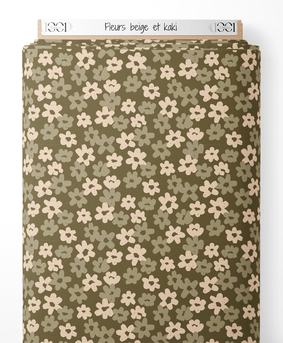 Tissu - Fleurs beige et kaki