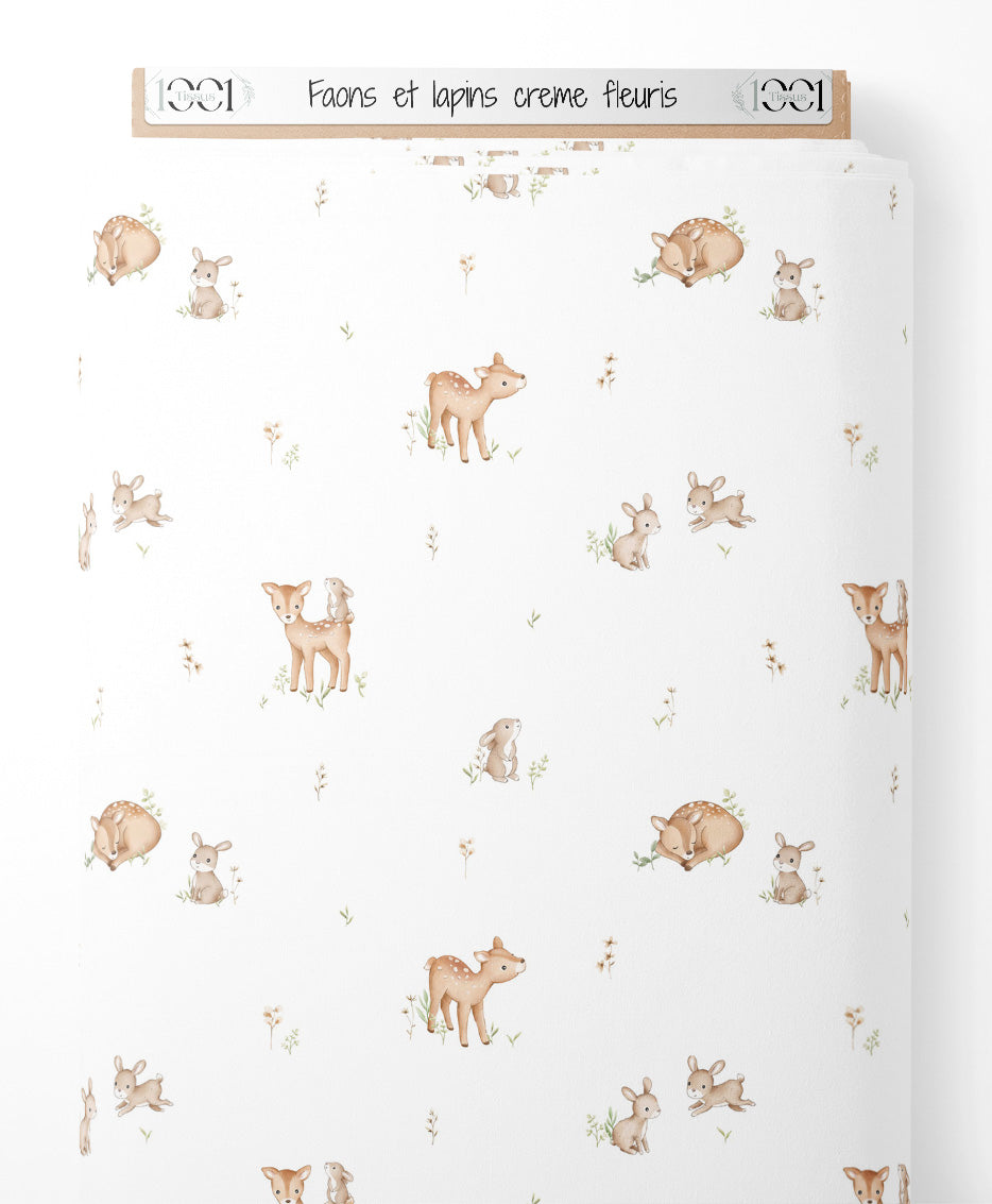 Tissu - Faons et lapins crème fleuris