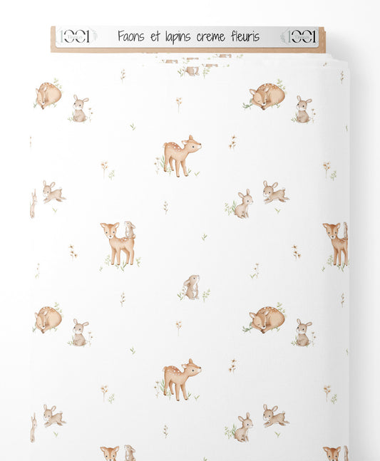Tissu - Faons et lapins crème fleuris