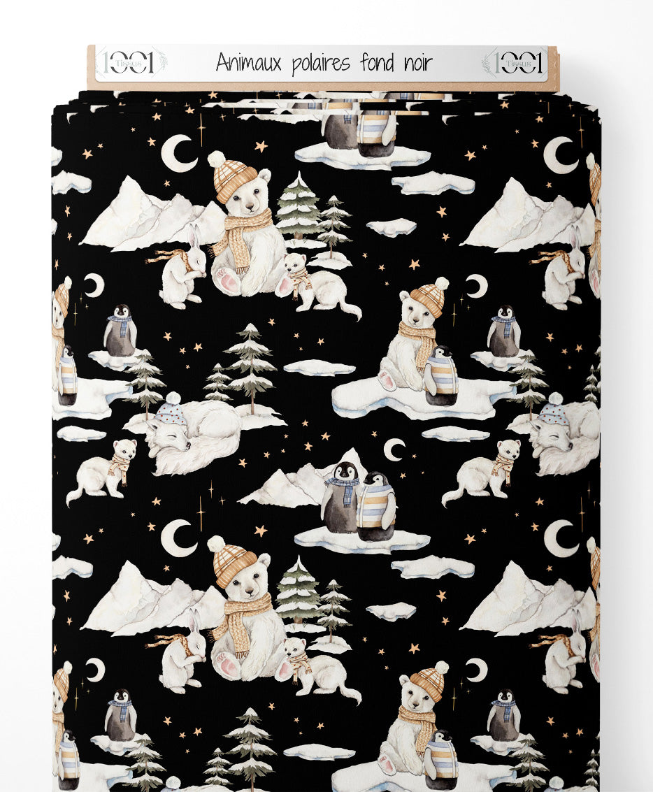 Tissu - Animaux polaires sur fond noir