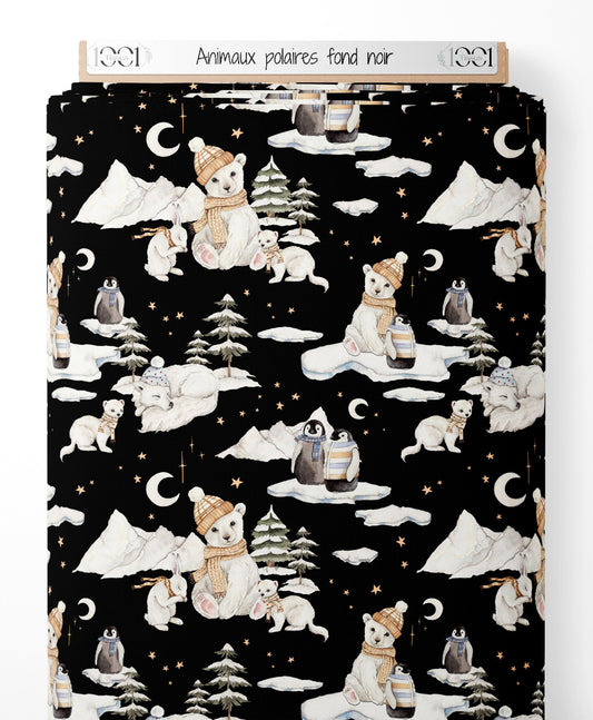 Tissu - Animaux polaires sur fond noir