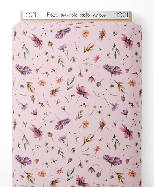 Tissu - Fleurs aquarelle pastel variées