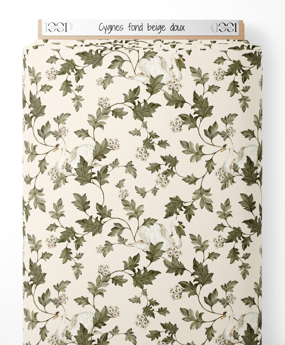 Tissu - Cygnes sur fond beige doux