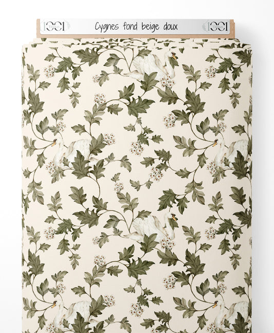 Tissu - Cygnes sur fond beige doux