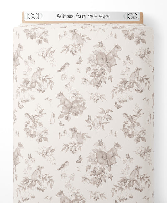 Tissu - Animaux forêt tons sépia