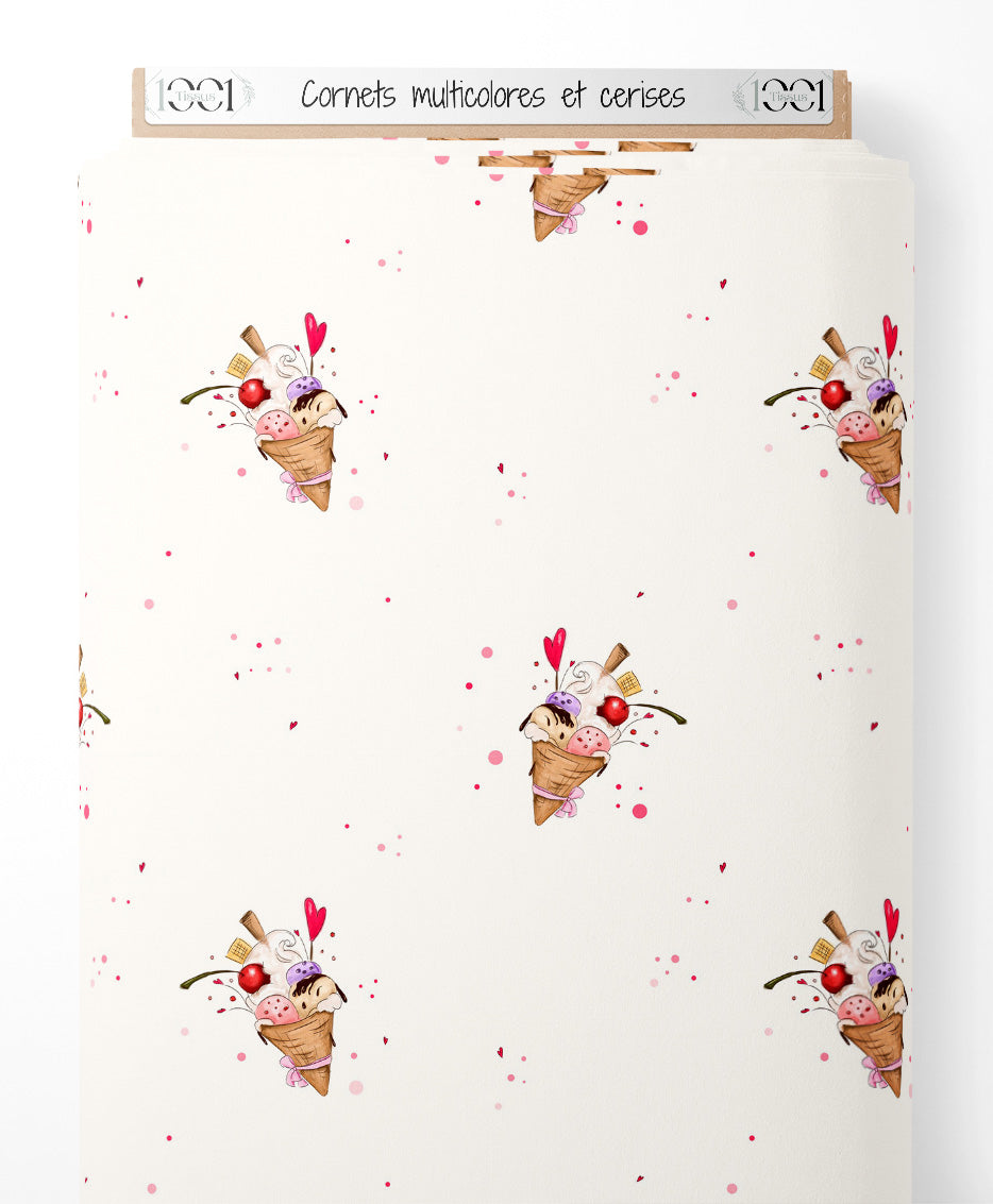 Tissu - Cornets multicolores et cerises