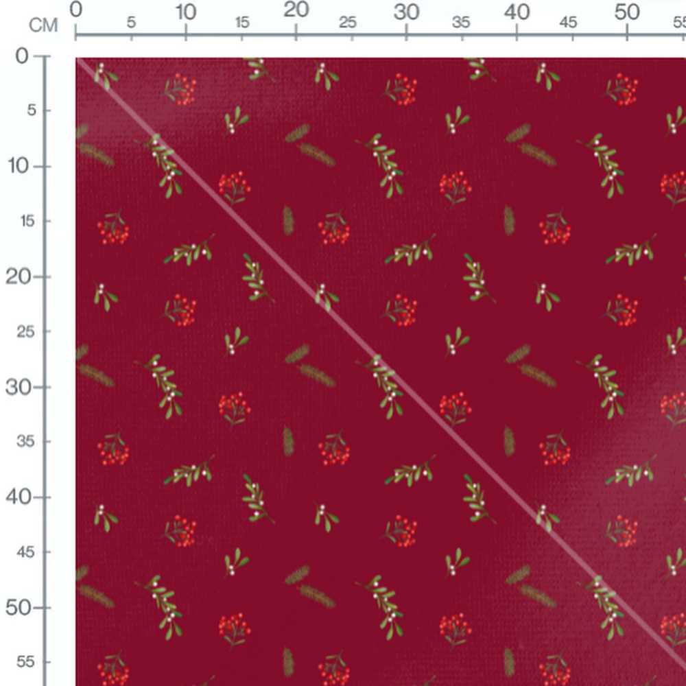 Tissu - Houx et gui sur fond bordeaux