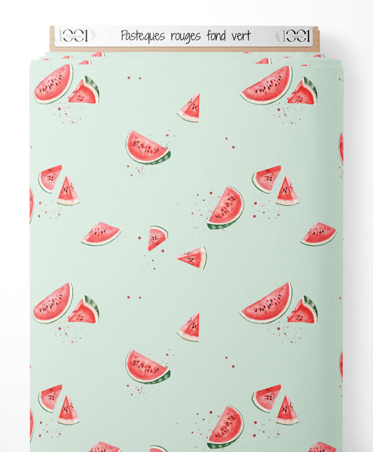 Tissu - Pastèques rouges sur fond vert