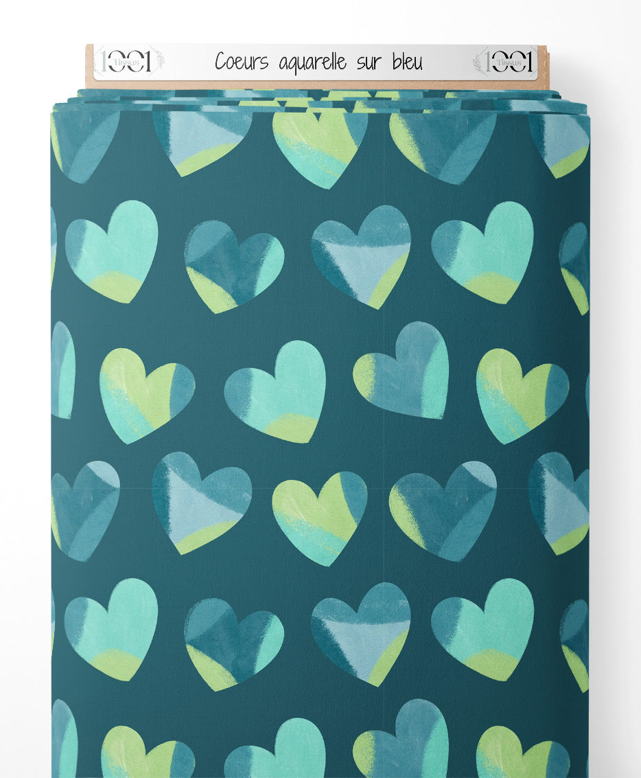 Tissu - Cœurs aquarelle sur bleu