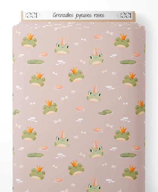 Tissu - Grenouilles joyeuses roses