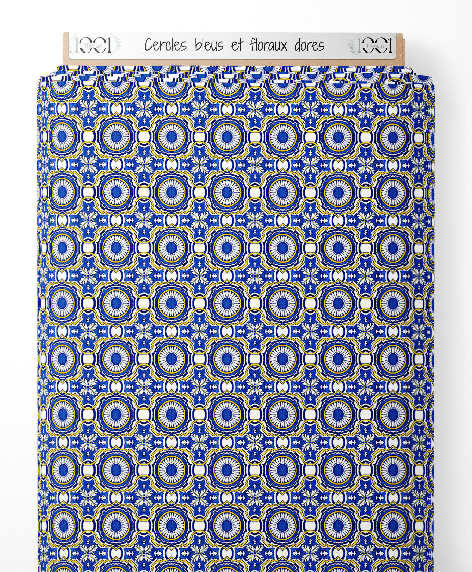 Tissu - Cercles bleus et floraux dorés