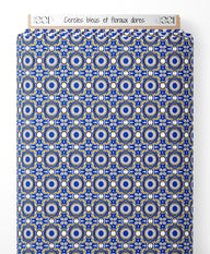 Tissu - Cercles bleus et floraux dorés