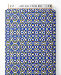 Tissu - Cercles bleus et floraux dorés