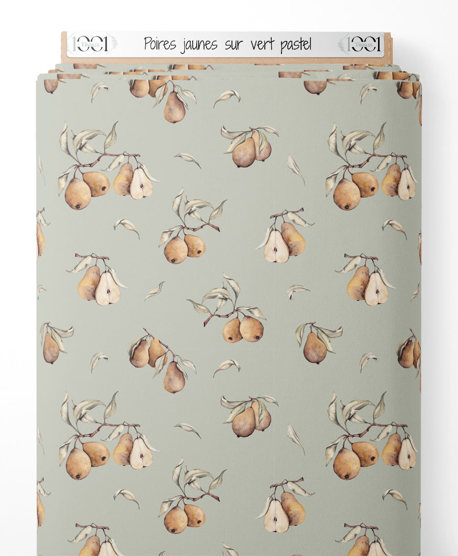 Tissu - Poires jaunes sur vert pastel