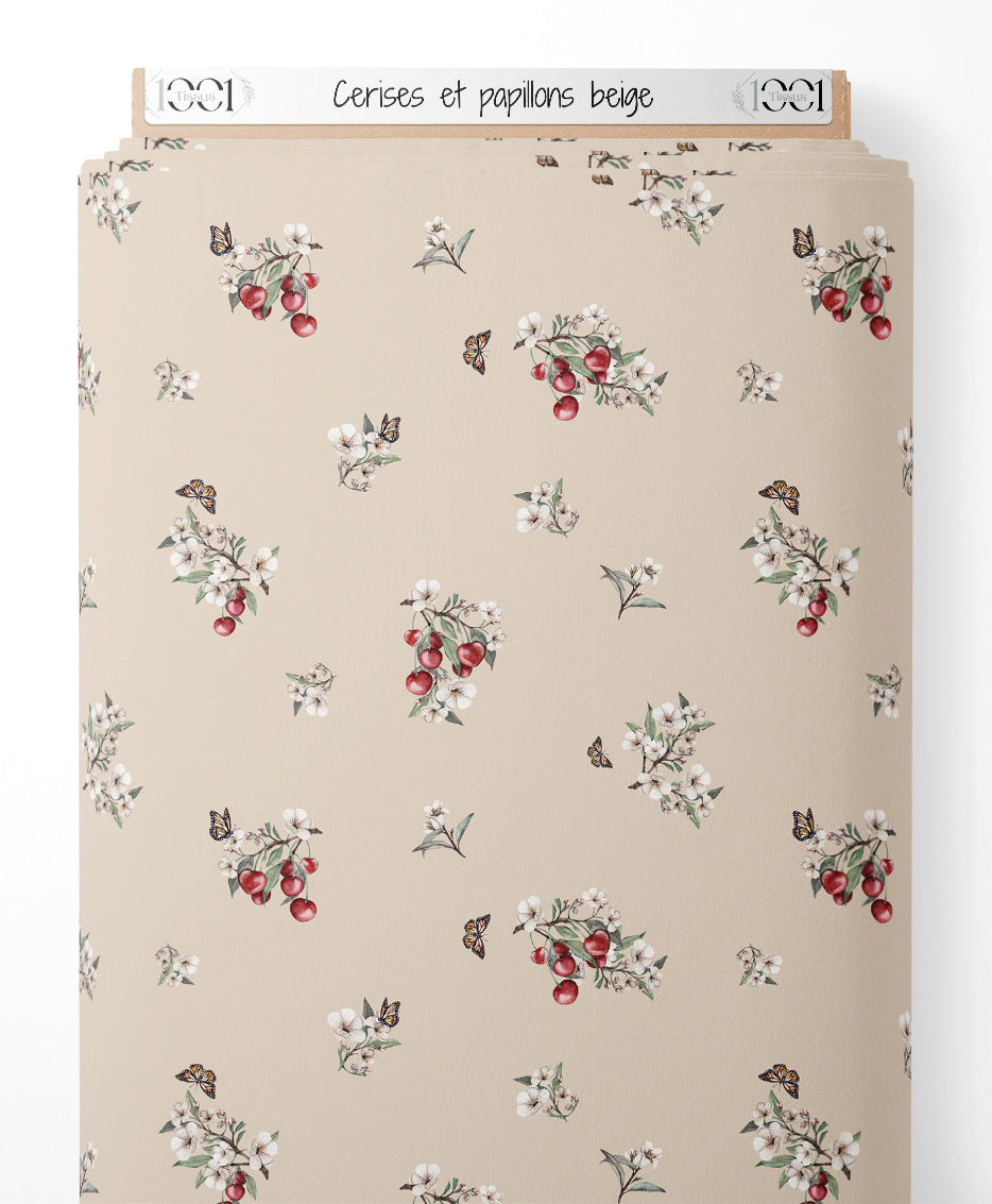 Tissu - Cerises et papillons beige