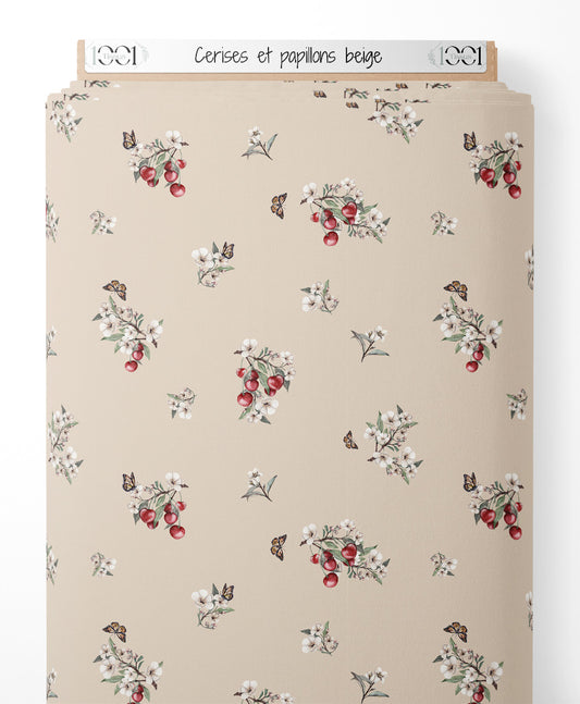 Tissu - Cerises et papillons beige