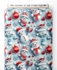 Tissu - bonhommes de neige et boules rouges 3D