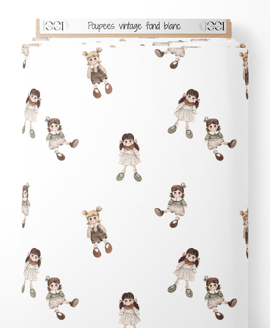 Tissu - Poupées vintage sur fond blanc