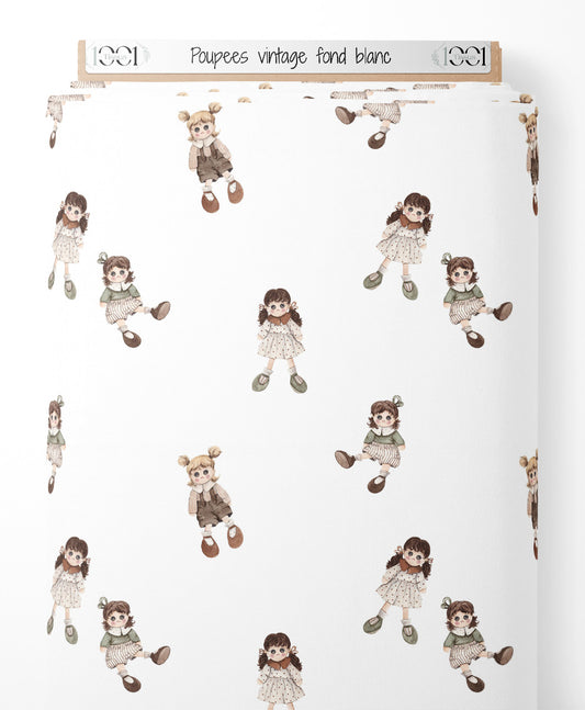 Tissu - Poupées vintage sur fond blanc