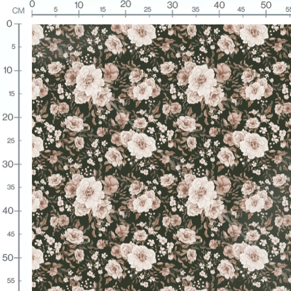 Tissu - Roses et feuillages sur fond sombre