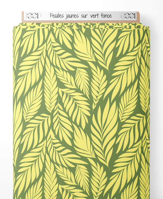 Tissu - Feuilles jaunes sur vert foncé