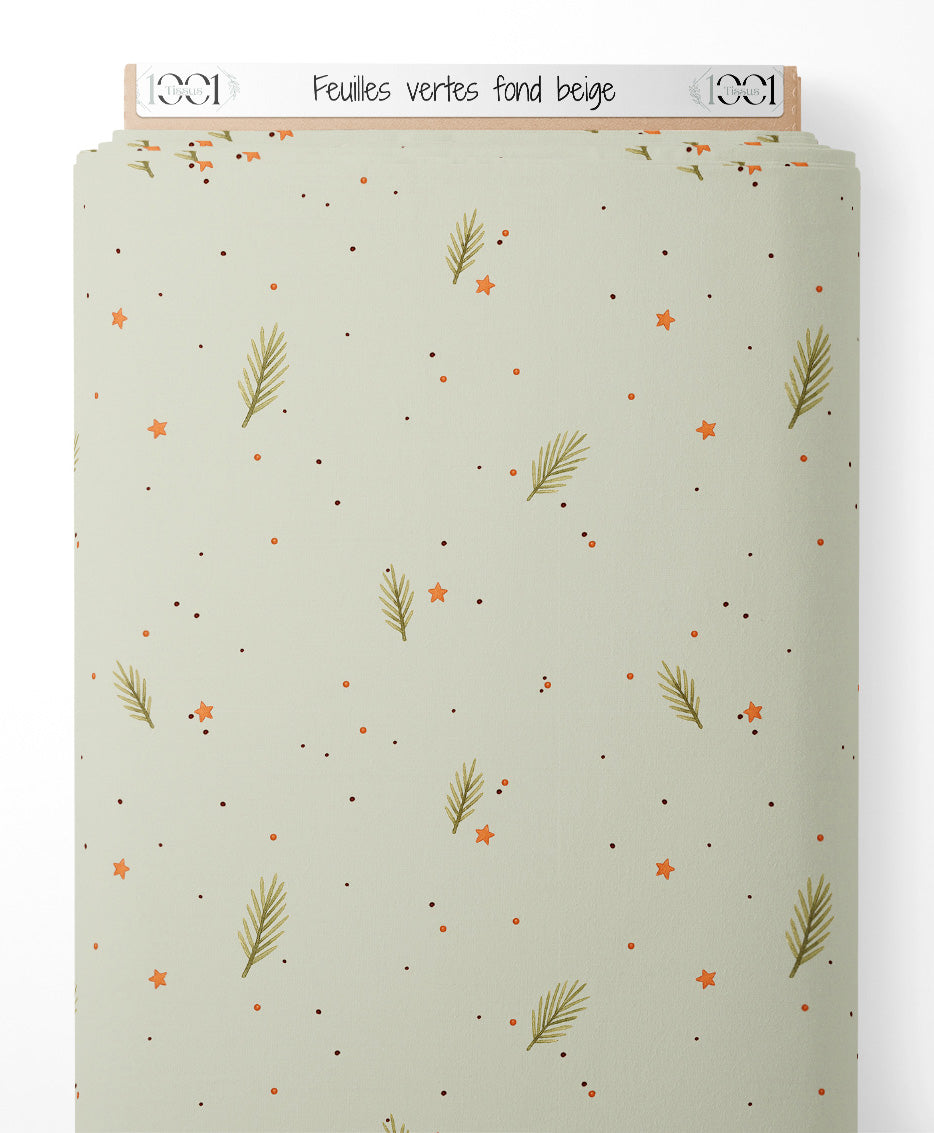 Tissu - Feuilles vertes sur fond beige