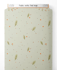Tissu - Feuilles vertes sur fond beige