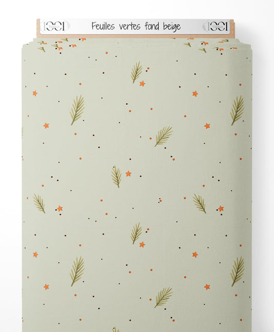 Tissu - Feuilles vertes sur fond beige