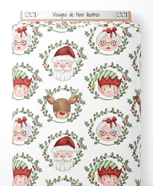 Tissu - Visages de Noël illustrés