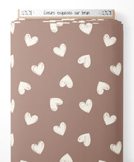 Tissu - Cœurs esquissés sur brun