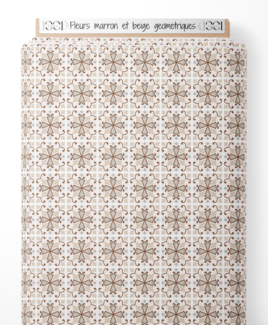 Tissu - Fleurs marron et beige géométriques