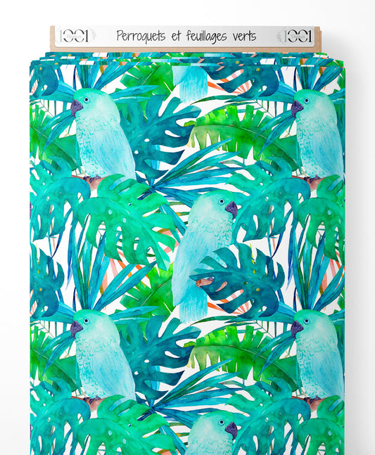 Tissu - Perroquets et feuillages verts