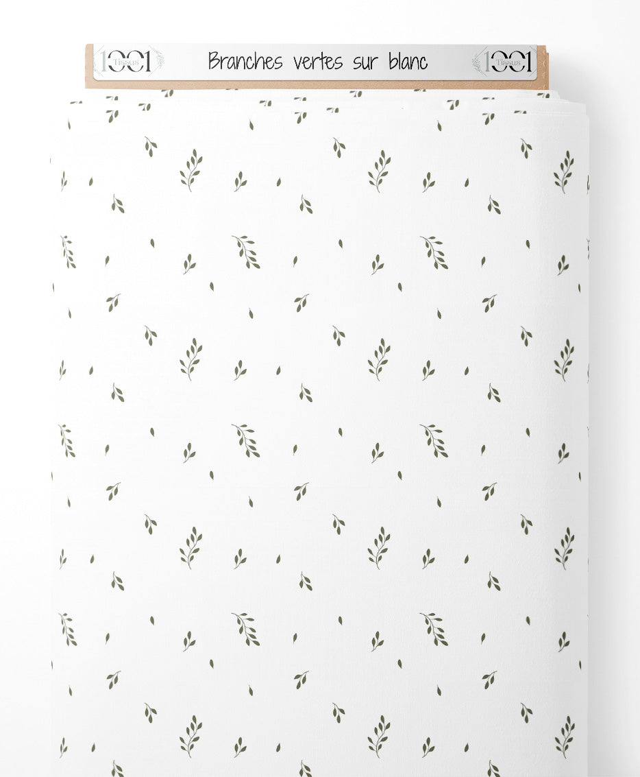 Tissu - Branches vertes sur blanc