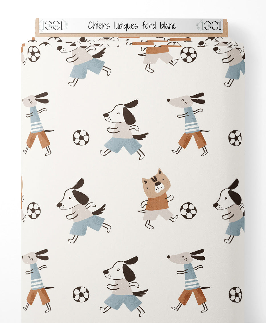 Tissu - Chiens ludiques sur fond blanc