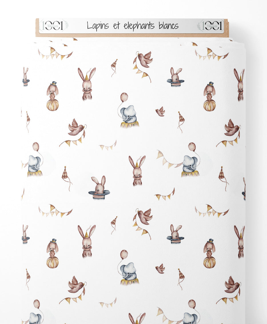 Tissu - Lapins et éléphants blancs