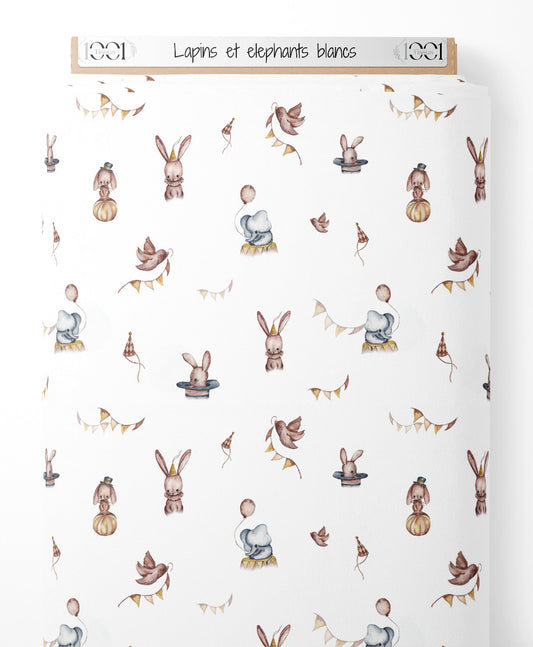 Tissu - Lapins et éléphants blancs