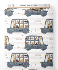 Tissu - Animaux dans bus bleu