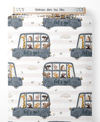 Tissu - Animaux dans bus bleu